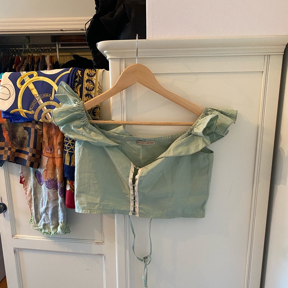 Zara Green Cotton Crop Top Blouse